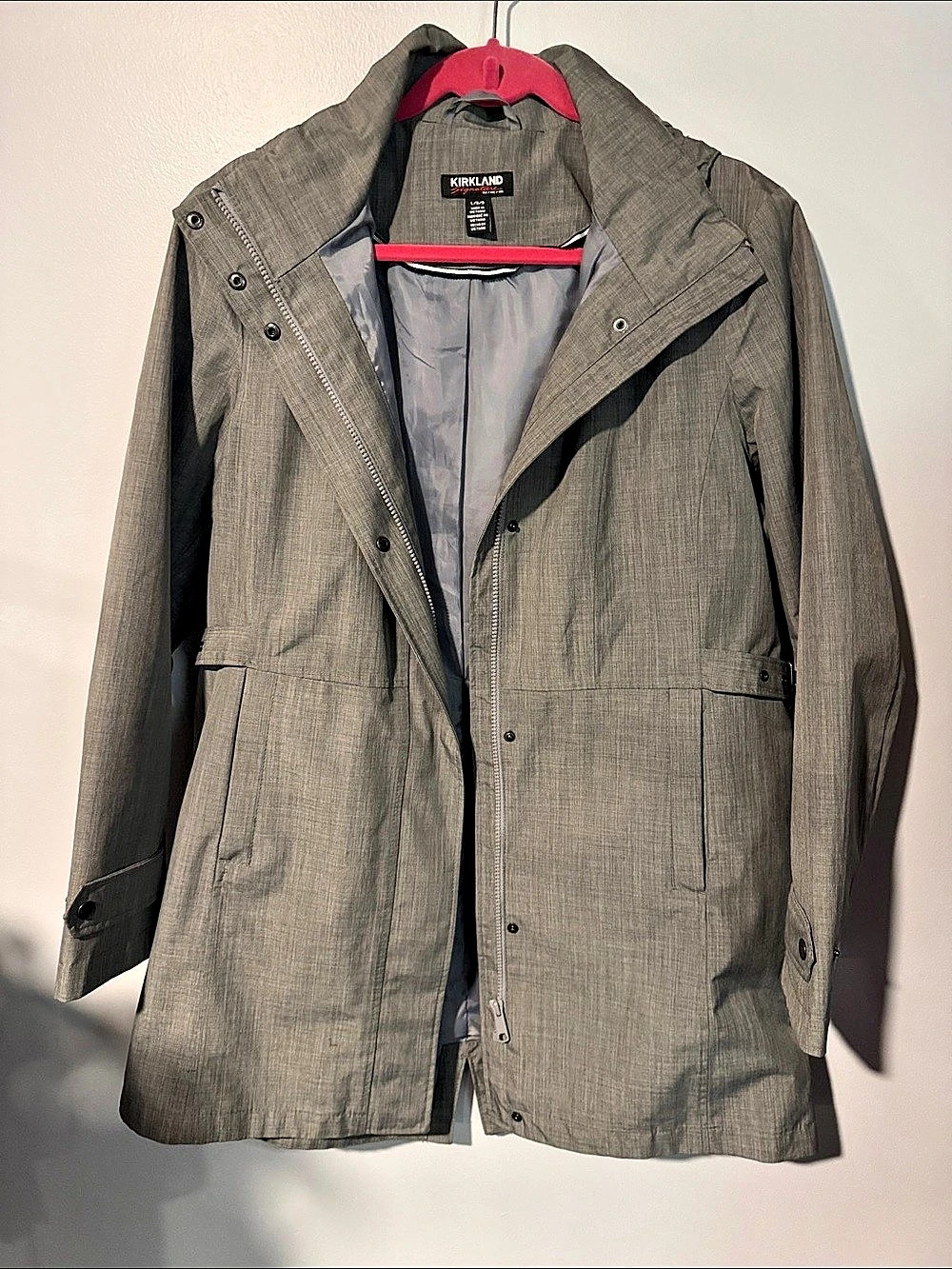 Kirkland Signature Women's Light Gray Hooded Trench Coat Large